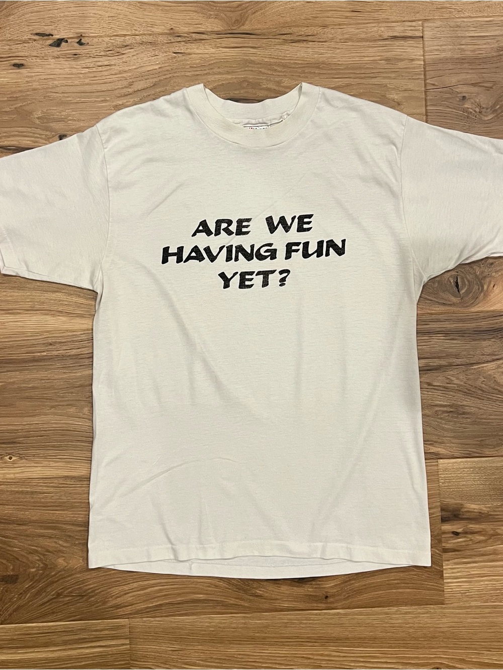 Vintage Funny Large White T Shirt Are We Having Fun Yet?